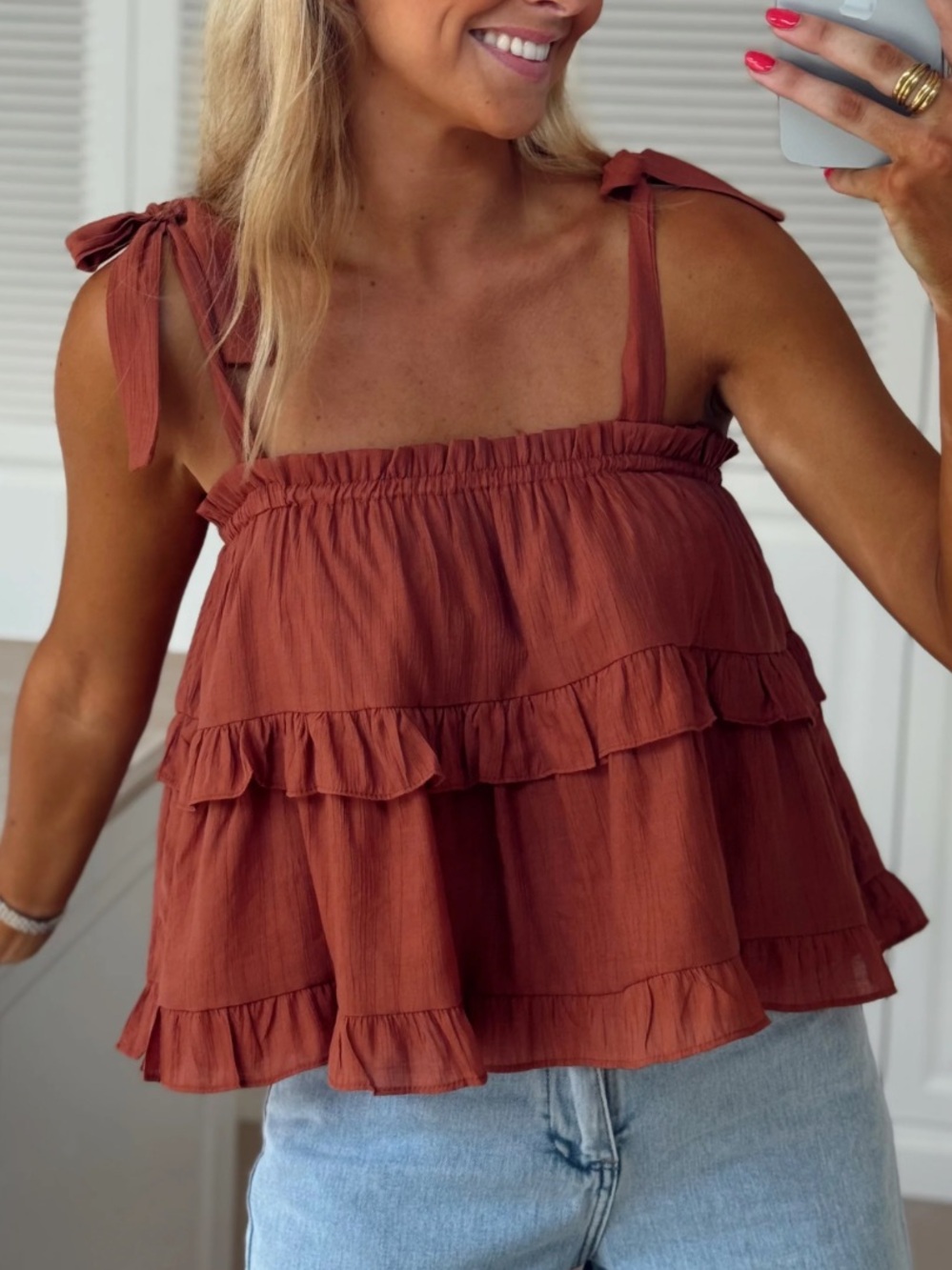 Chocolate Brown S Tiered Ruffle Strap Tank Top Cotton New Boho Babydoll Blouse